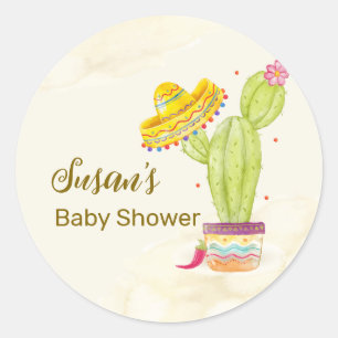 Sticker Rond Taco 'Bout A Baby Watercolor Baby shower Cactus