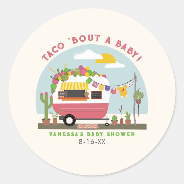 Sticker Rond Taco Bout Un Bébé Hot Pink Girl Baby shower (Devant)