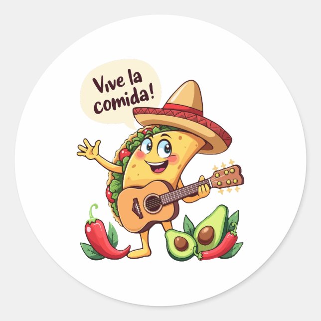 Sticker Rond Taco Fiesta mit Gitarre und hispanischem Flair (Devant)