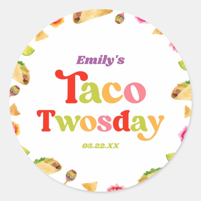 Sticker Rond Taco Twosday Taco Mardi 2ème anniversaire (Devant)