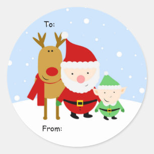 Sticker Rond Tag de Noël père Noël, Rudolph et Elf, À : De :