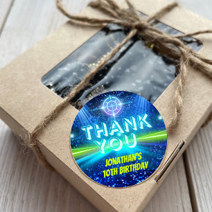 Sticker Rond Tag laser Jeu bleu vert néon brillant Merci