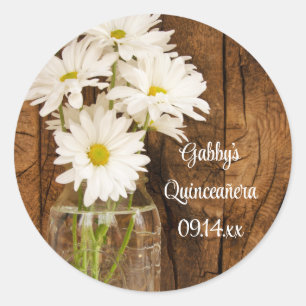 Sticker Rond Tag Mason Jar et White Daisies Quinceañera Favoris