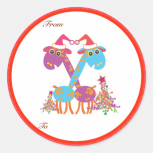 Sticker Rond Tags Cadeaux de Noël : Deux Giraffes