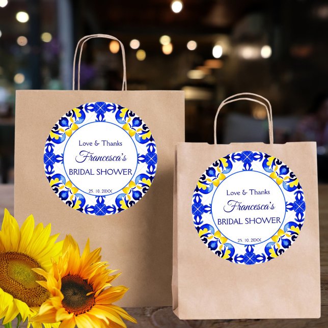 Sticker Rond Talavera azulejo carreaux bleus cadeau de shower d (Talavera azulejo blue yellow tiles bridal shower thank you favor sticker bridal shower favors)