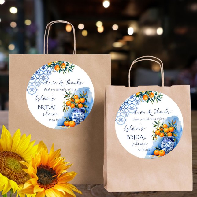 Sticker Rond Talavera bleu oranges agrumes prime douche (Talavera blue oranges citrus Mexican Hacienda summer bridal shower thank you favor sticker template)
