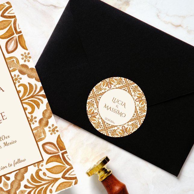 Sticker Rond Talavera terracotta vintage mariage mexicain (Talavera terracotta vintage Mexican wedding Sticker template bride and groom names envelope stickers)