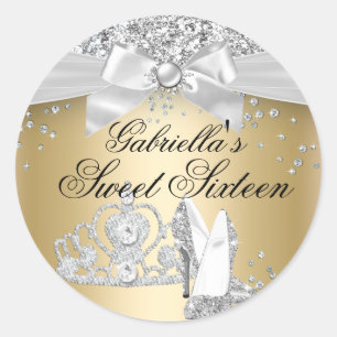 Sticker Rond Talons Couronne Étincelante Or Sweet 16 Autocollan