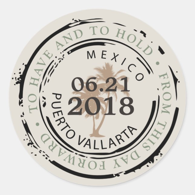 Sticker Rond Tampon de passeport Puerto Vallarta Mex avec palmi (Devant)