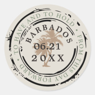 Sticker Rond Tampon Passport de Barbade avec Palmiers