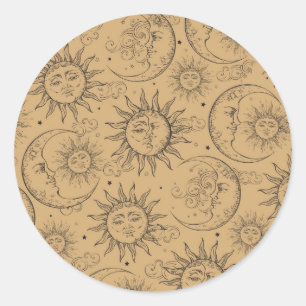 Sticker Rond Tan Beige Vintage céleste Soleil Lune Étoiles Part
