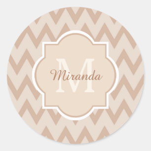 Sticker Rond Tan Tan Brown Chevron Zigzag Nom et monogramme