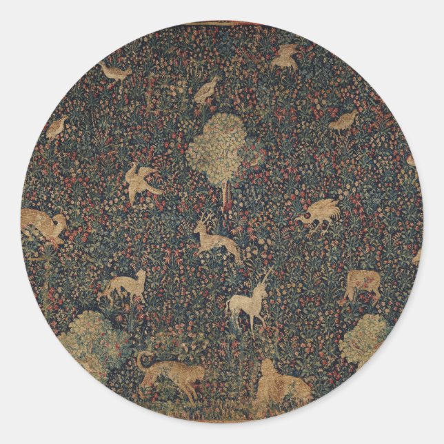 Sticker Rond Tapisserie allegorique Millefleurs avec animaux (Devant)