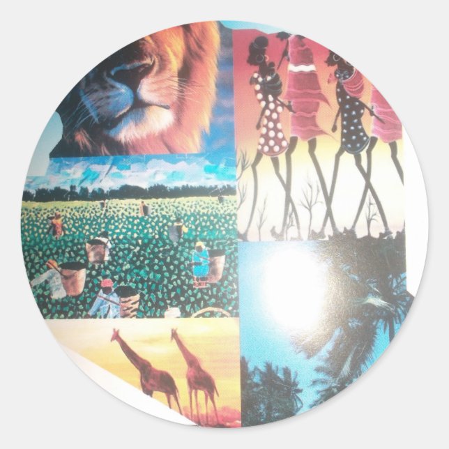 Sticker Rond Tapisserie kenyane : Faune, culture et plage côtiè (Devant)