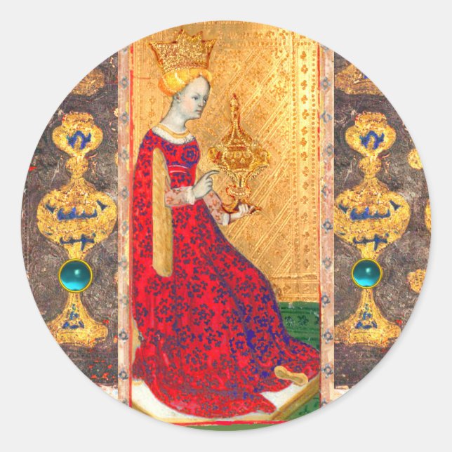 STICKER ROND TAROTES DE RENAISSANCE ANTIQUE / REINE DES TASSE (Devant)