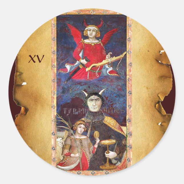 STICKER ROND TAROTS DE RENAISSANCE ANTIQUE 15 / LE DIABLE (Devant)