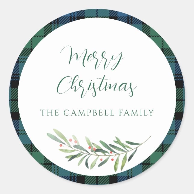 Sticker Rond Tartan de Noël en chèque vert Plaid (Devant)