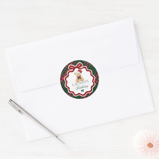 Sticker Rond Tartan Plaid Christmas Bear Birthday Envelope Seal (Enveloppe)