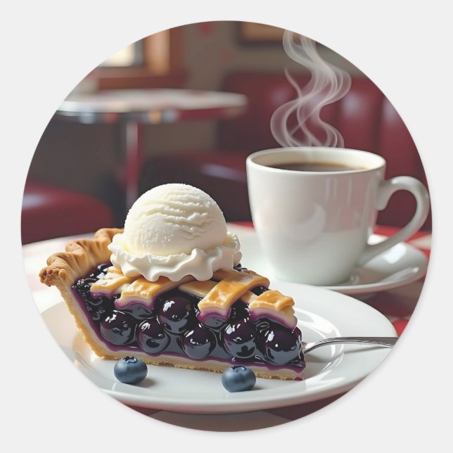 Sticker Rond Tarte aux bleuets, crème glacée et café (Devant)