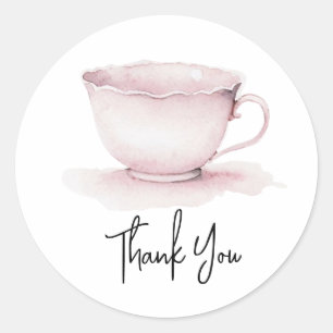 Sticker Rond Tasse à thé rose vintage aquarelle Merci 
