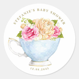 Sticker Rond Tasse de thé rose aquarelle Fleur Baby Shower Tea