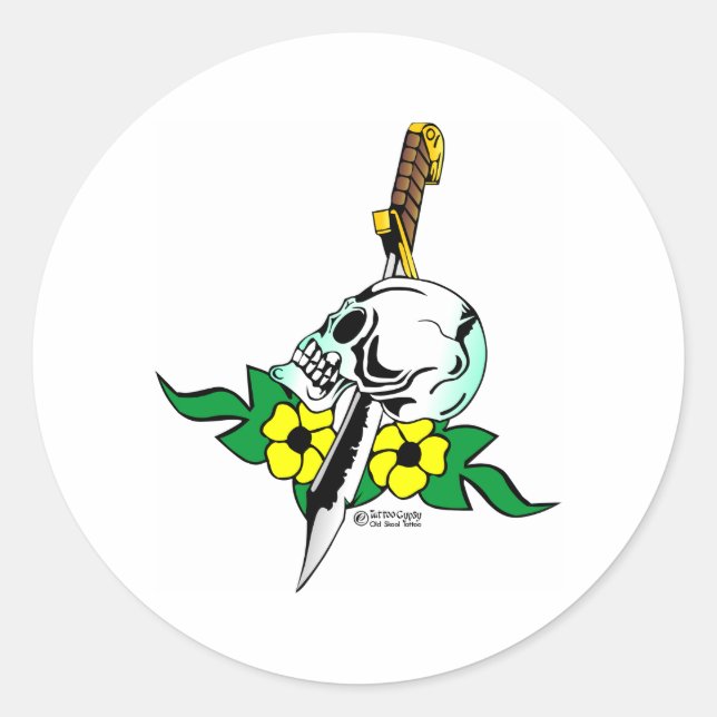 Sticker Rond Tatouage au crâne et au poignard (Devant)