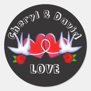 Sticker Rond Tatouage Avaler Coeurs Et Rose Rouge Noir
