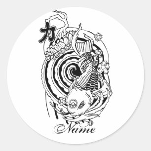 Sticker Rond tatouage cool oriental noir blanc koi poisson