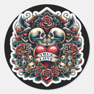Sticker Rond Tatouage de cœur de squelette d'amour vrai pour ma