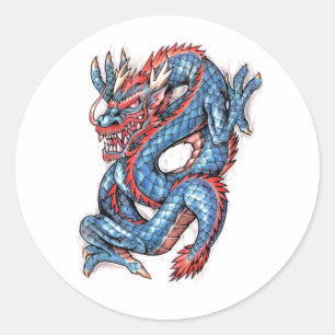 Sticker Rond Tatouage de dragon bleu oriental cool