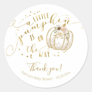 Sticker Rond Taupe Citrouille d'or Merci de Baby shower d'autom