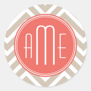 Sticker Rond Taupe élégant et monogramme personnalisé corail