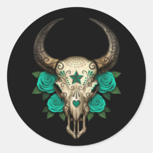 Sticker Rond Taureau à sucre avec Roses Turquoises en noir