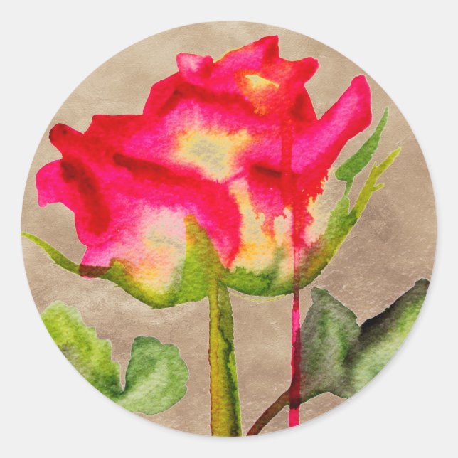 Sticker Rond Tea hybride Rose aquarelle moderne fleurie art (Devant)
