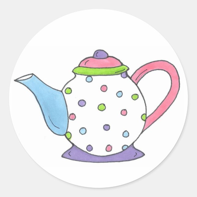 Sticker Rond Tea Lover Polka Dot Pastel Teapot Pot Imprimer (Devant)