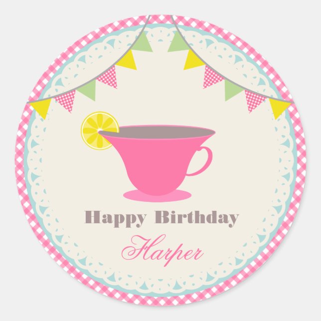 Sticker Rond Tea Party Anniversaire En vichy rose (Devant)