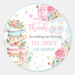 Sticker Rond Tea Party Anniversaire Fille Rose & Or Floral Par 