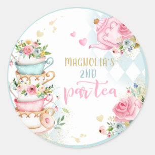 Sticker Rond Tea Party Anniversaire Fille Rose & Or Floral Par 