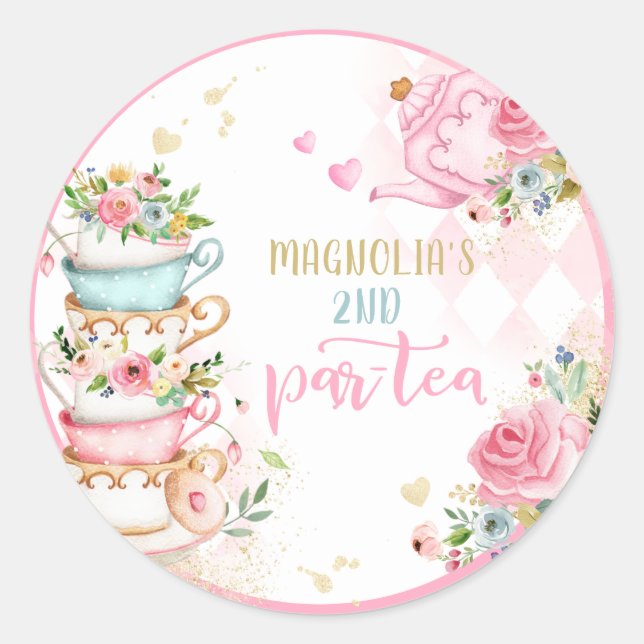 Sticker Rond Tea Party Anniversaire Fille Rose & Or Floral Par  (Devant)