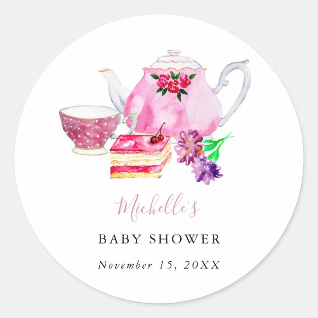 Sticker Rond Tea Party baby shower Dusty Rose Teapot (Devant)