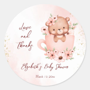 Sticker Rond Tea party baby shower rose teint dans une tasse