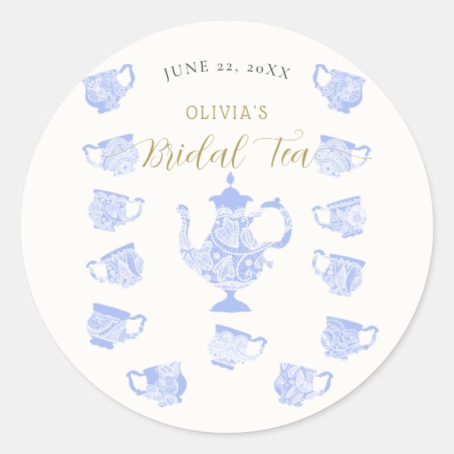 Sticker Rond Tea Party Chinoiserie Blue Boho Lace Fête des mari (Devant)