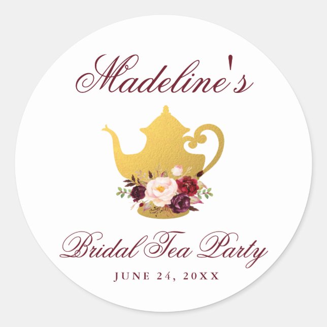 Sticker Rond Tea Party Fête des mariées Floral Bourgogne Petit (Devant)