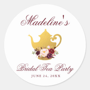 Sticker Rond Tea Party Fête des mariées Floral Bourgogne Petit
