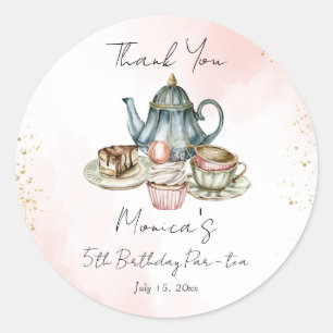Sticker Rond Tea party rose bleu anniversaire merci cadeau