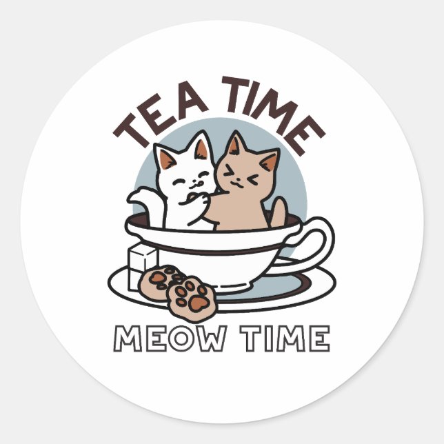 Sticker Rond Tea Time Meow Time - Cute Cat and Tea Design (Devant)