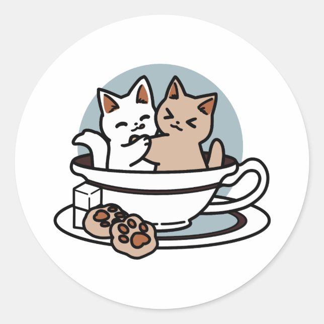 Sticker Rond Tea Time Meow Time - Cute Cat and Tea Design (Devant)