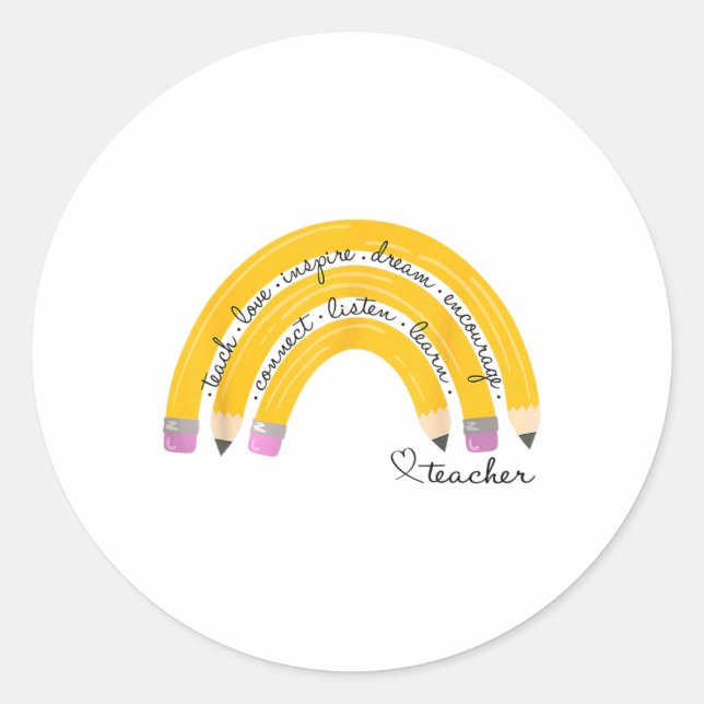 Sticker Rond Teach Love Inspire Rainbow Pencil Teacher Ck To Sc (Devant)