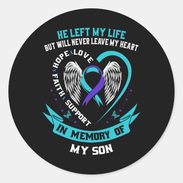 Sticker Rond Teal And Purple Suicide Awareness Ribbon In Memory (Devant)