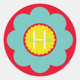 Sticker Rond Teal léger et fleur jaune sur le monogramme rouge